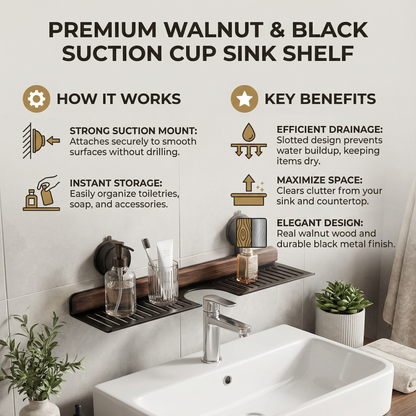 Bathroom Suction Cup Sink Shelf in Walnut Design