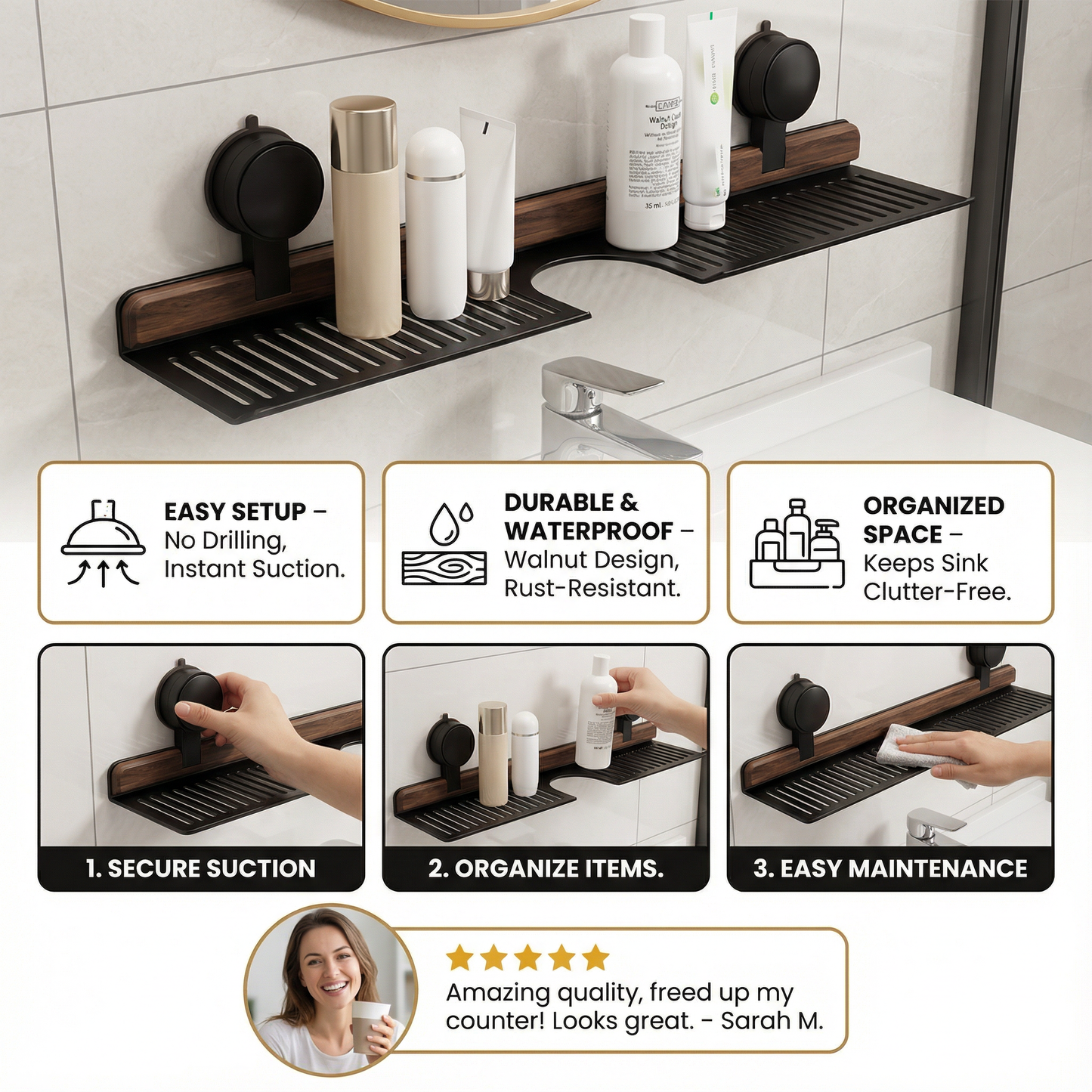 Bathroom Suction Cup Sink Shelf in Walnut Design