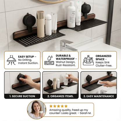 Bathroom Suction Cup Sink Shelf in Walnut Design