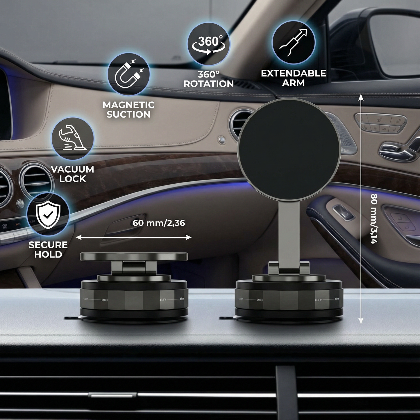 Magnetic Suction Cup – Extendable 360° Phone Holder with Vacuum Lock