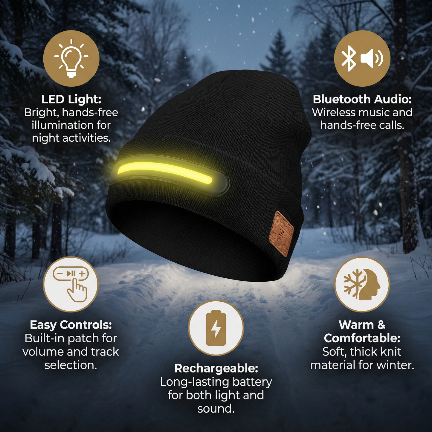 Warm Hat with Integrated Bluetooth Headphones and LED light strip