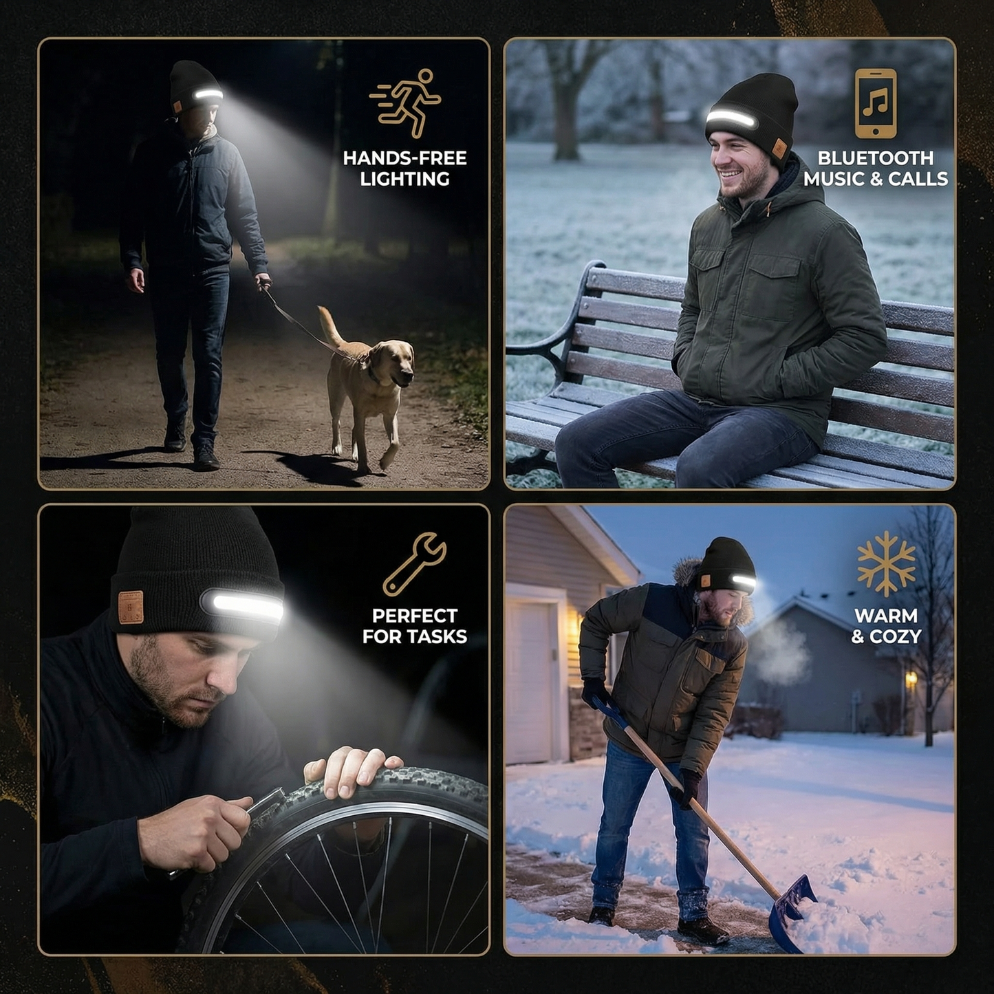 Warm Hat with Integrated Bluetooth Headphones and LED light strip