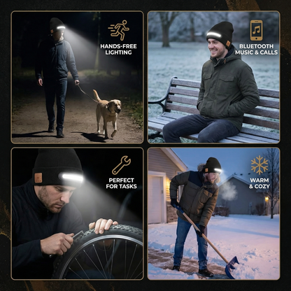Warm Hat with Integrated Bluetooth Headphones and LED light strip