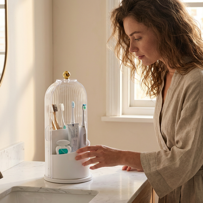 Rotating Toothbrush & Bathroom Essentials Organizer with Dustproof Clear Cover