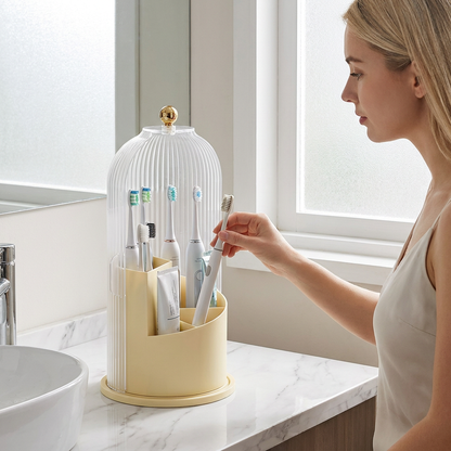 Rotating Toothbrush & Bathroom Essentials Organizer with Dustproof Clear Cover